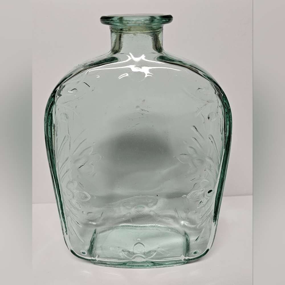 Tinted Green Glass Arched Flask Style Bottle With Embossed Design 8” x 5.25”